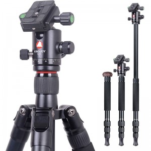 Комплект триножки Kingjoy Travel Tripod, алуминиев статив за видеокамера с теглеща глава за теглене, централна колона, регулируем ъгъл на крака, съвместим за Canon Nikon DSLR видео снимане